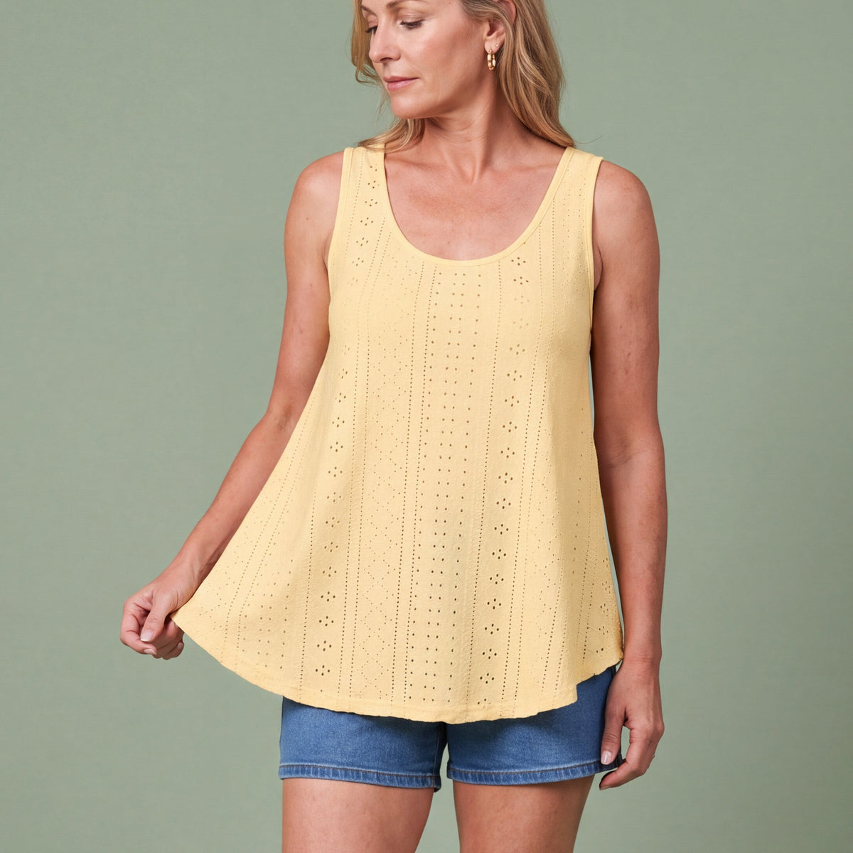 Melba Lane - yellow eyelet detail swing tank top, full length studio view, AU women's sizes
