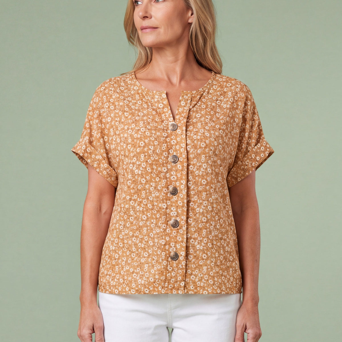 Melba Lane - yellow relaxed button through blouse, full length studio view, AU women's sizes