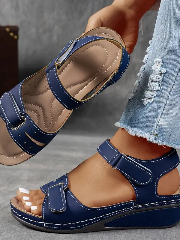 Melba Lane - blue cushioned wedge sandals with adjustable straps, worn view, AU women's sizes