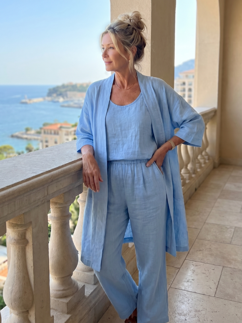 Melba Lane – Telluride blue duster pant set worn by a balustrade, relaxed fit, AU women's sizes