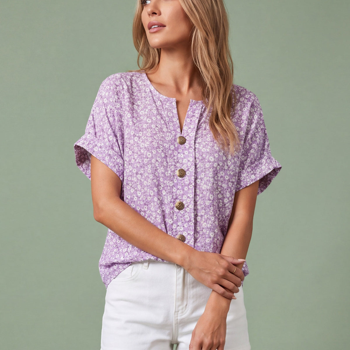 Melba Lane - lilac relaxed button through blouse, full length studio view, AU women's sizes