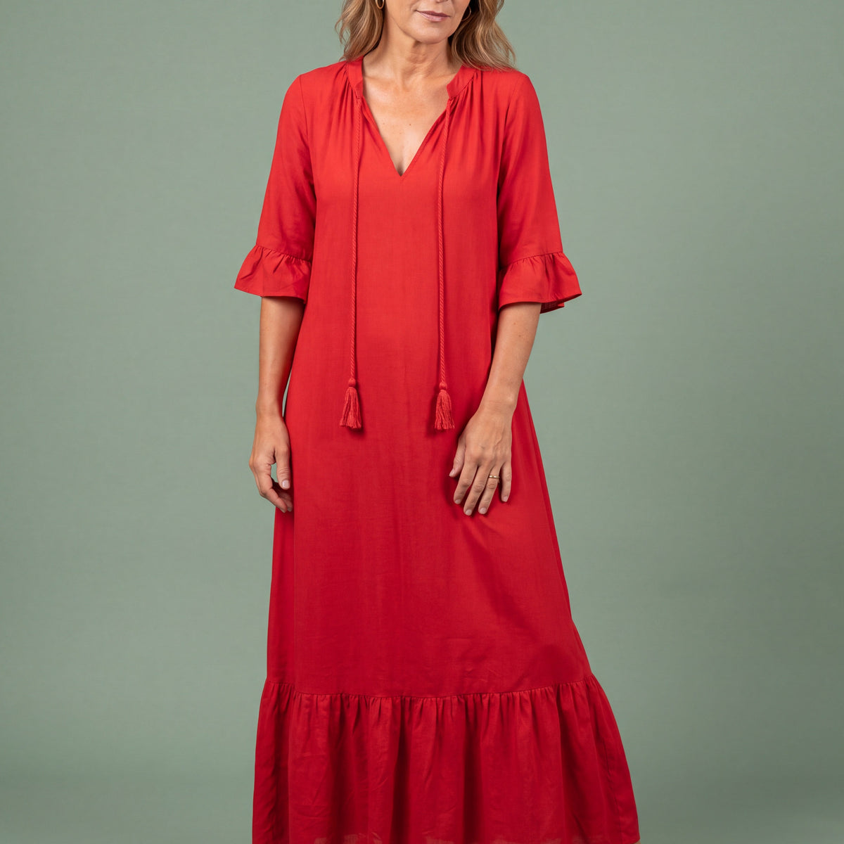 Melba Lane - red tiered print maxi dress with tassel tie, full length, AU women's sizes