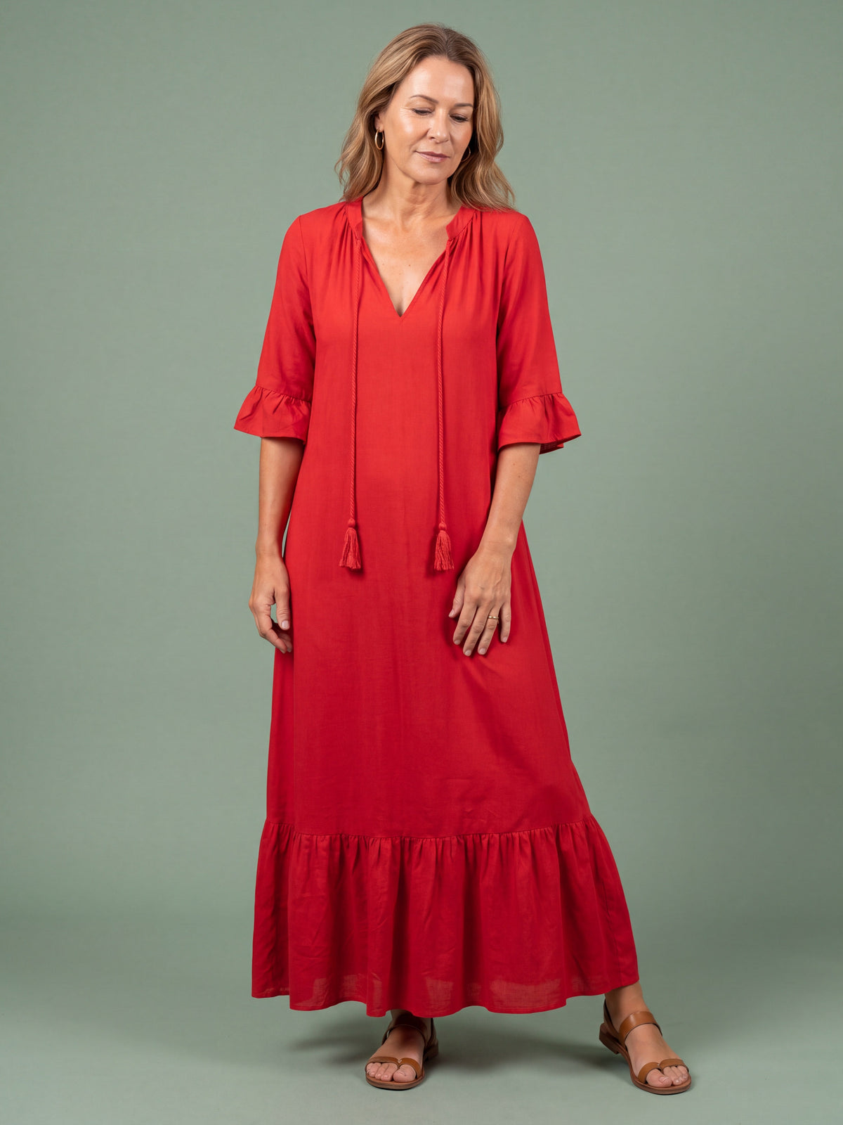 Melba Lane - red tiered print maxi dress with tassel tie, full length, AU women's sizes