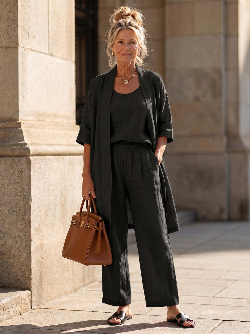 Melba Lane – Telluride black three-piece duster pant set, full front view worn, AU women's sizes