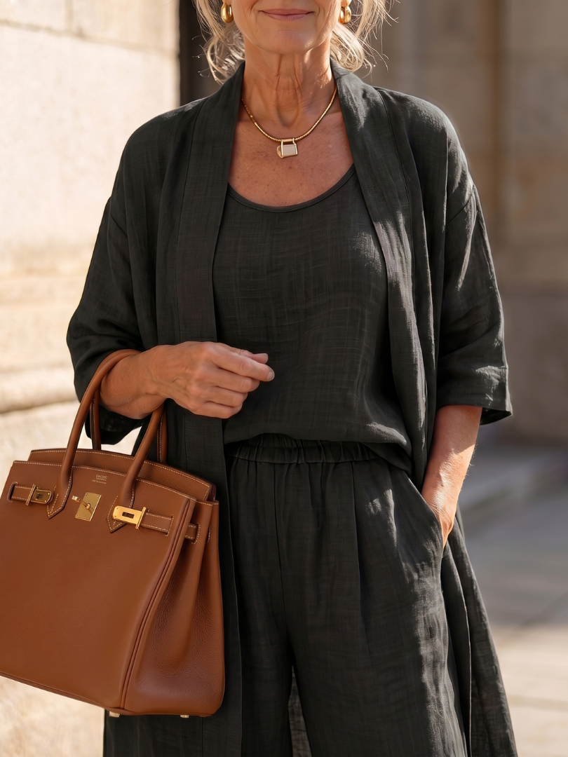 Melba Lane – Telluride black tank and open duster layered, worn torso close-up, AU women's sizes