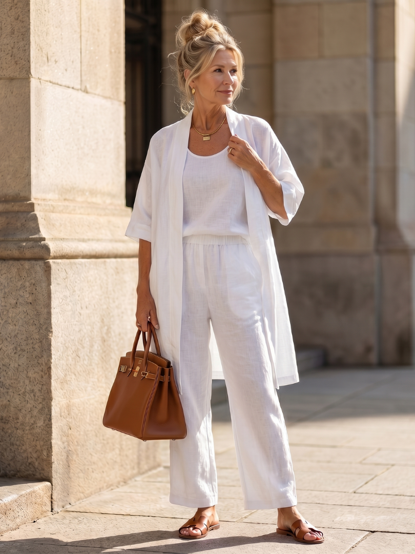 Melba Lane – Telluride white three-piece duster pant set, full front view worn, AU women's sizes