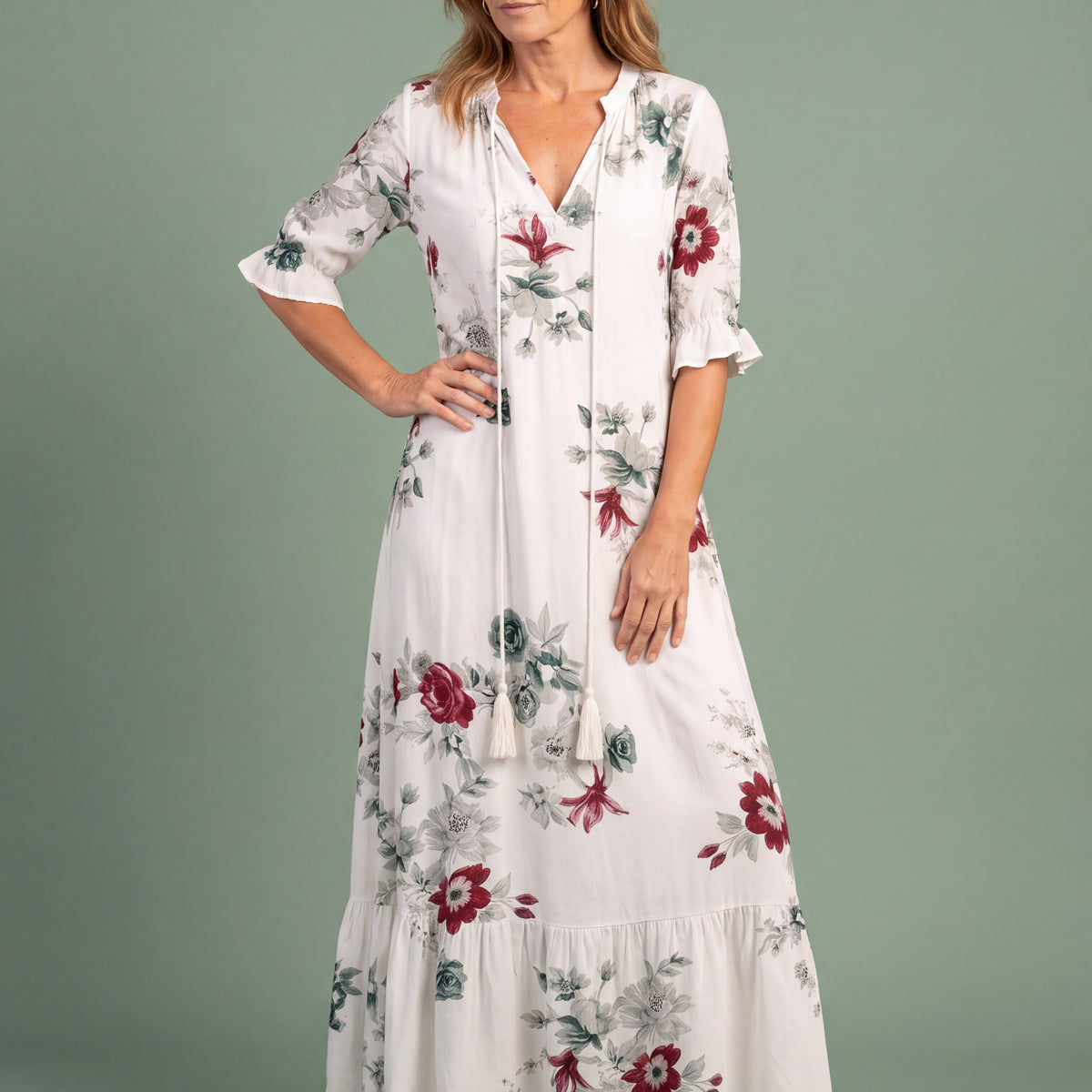 Melba Lane - floral tiered print maxi dress with tassel tie, full length, AU women's sizes