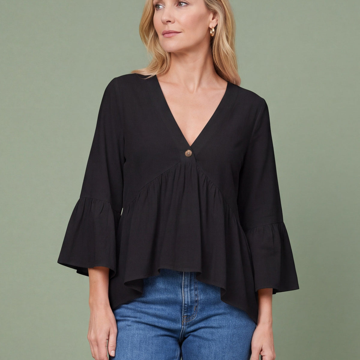 Melba Lane - black bell sleeve V neck blouse, full length studio view, AU women's sizes