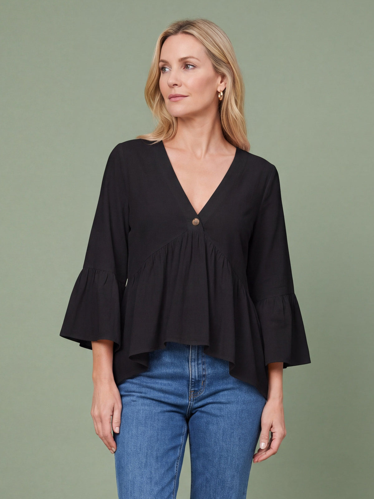 Melba Lane - black bell sleeve V neck blouse, full length studio view, AU women's sizes