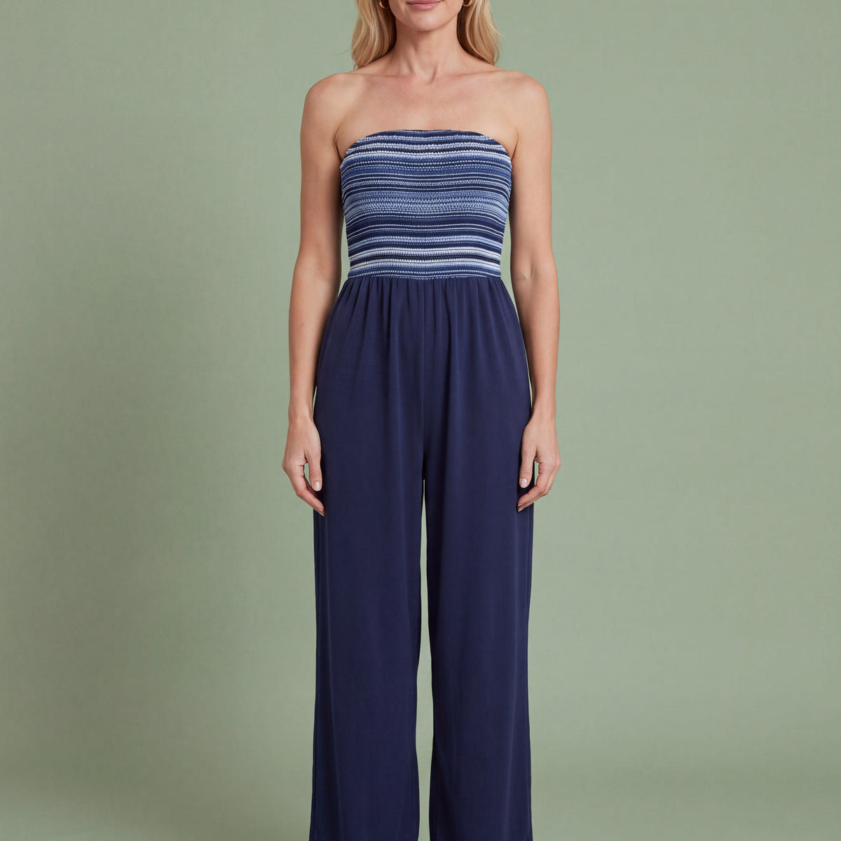 Melba Lane - navy strapless wide leg jumpsuit, full length studio view, AU women's sizes