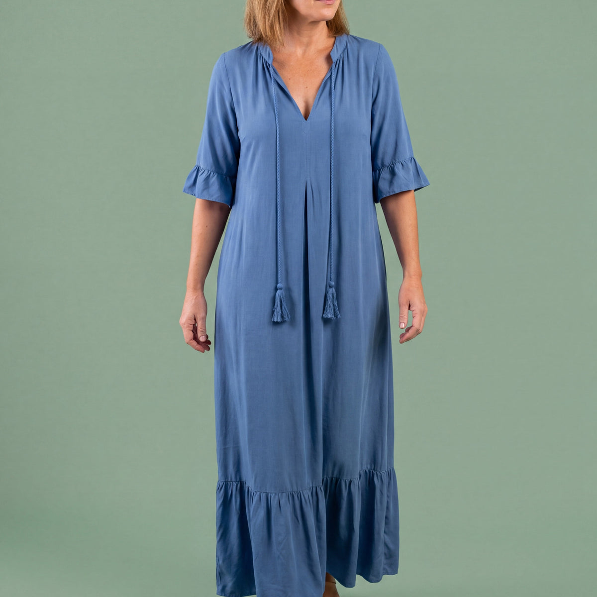 Melba Lane - blue tiered print maxi dress with tassel tie, full length, AU women's sizes