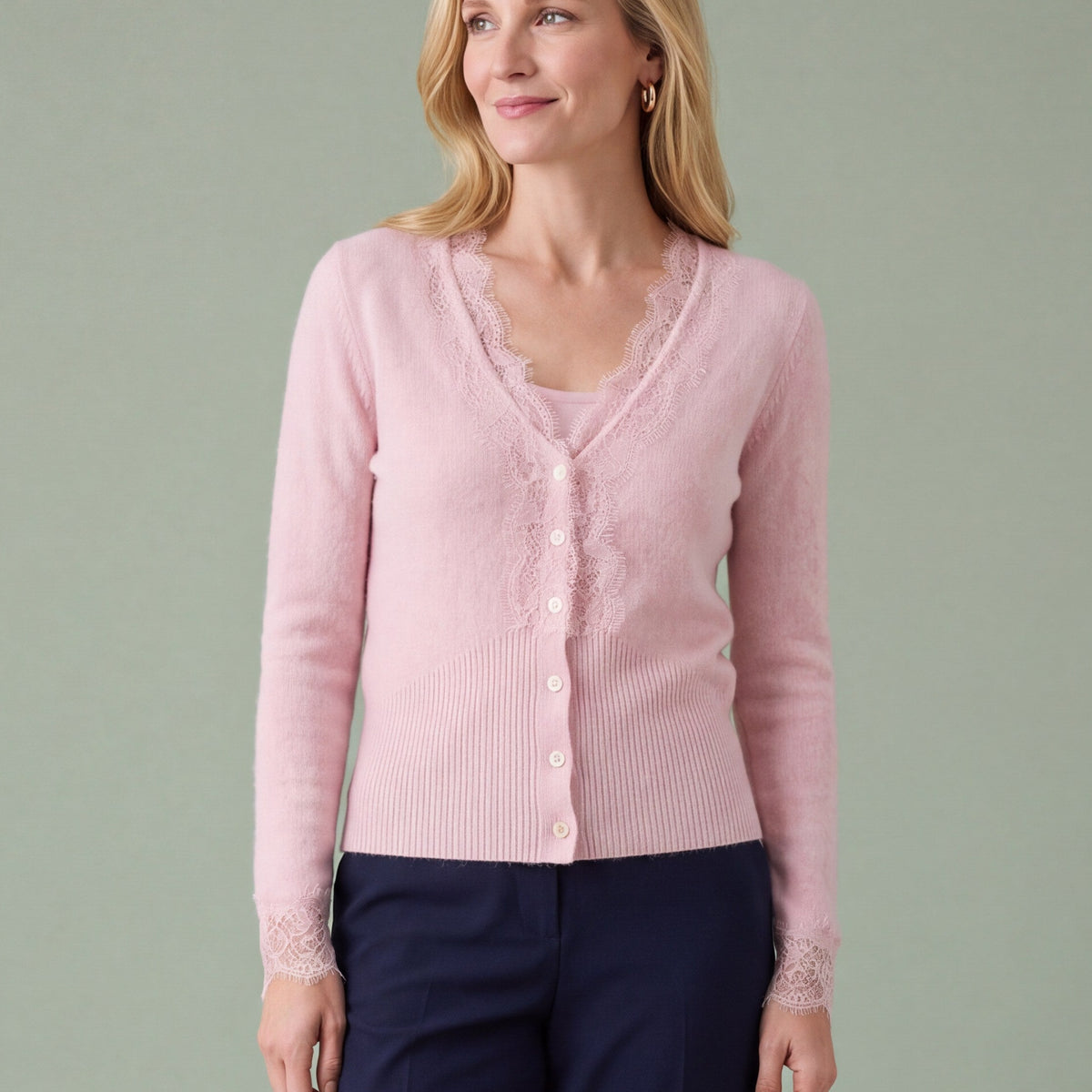Melba Lane - pink fine knit cardigan with lace panels, full length view, AU women's sizes