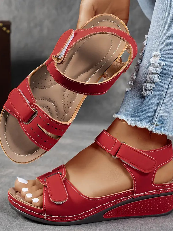 Melba Lane - red cushioned wedge sandals with adjustable straps, worn view, AU women's sizes