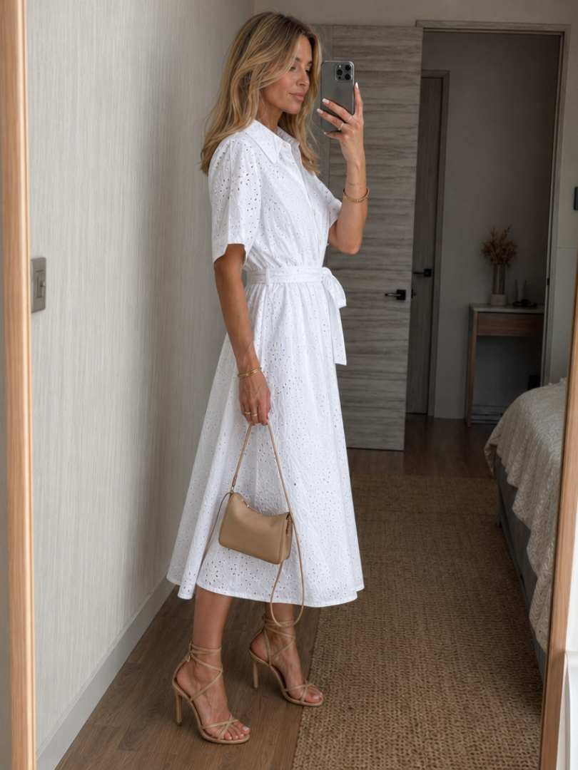 Melba Lane – Charmouth white eyelet midi shirt dress, side view with tie waist, AU women's sizes