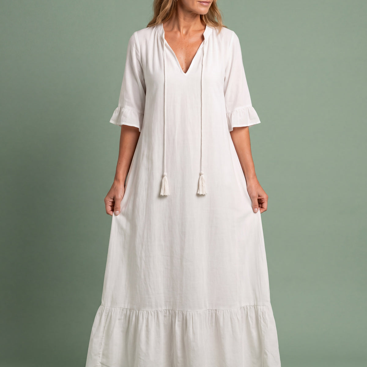 Melba Lane - white tiered print maxi dress with tassel tie, full length, AU women's sizes