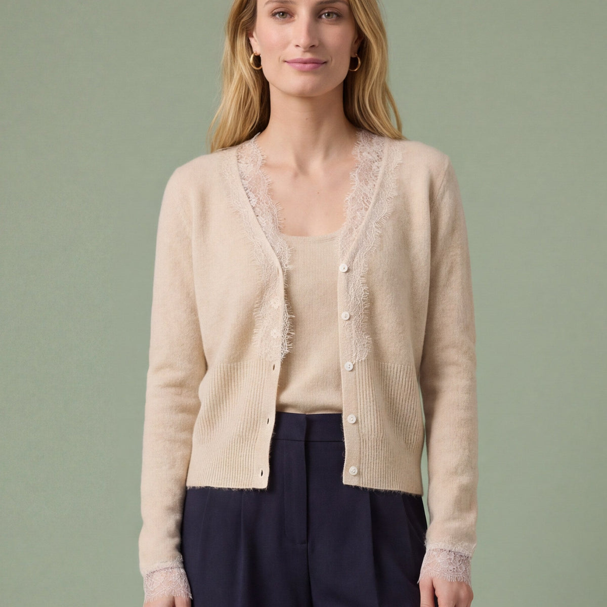 Melba Lane - olive fine knit cardigan with lace panels, full length view, AU women's sizes