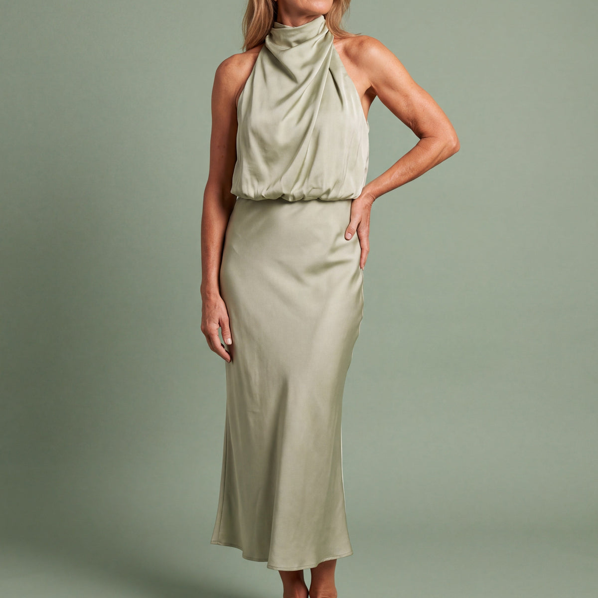 Melba Lane - green draped neck satin midi dress, full length studio view, AU women's sizes