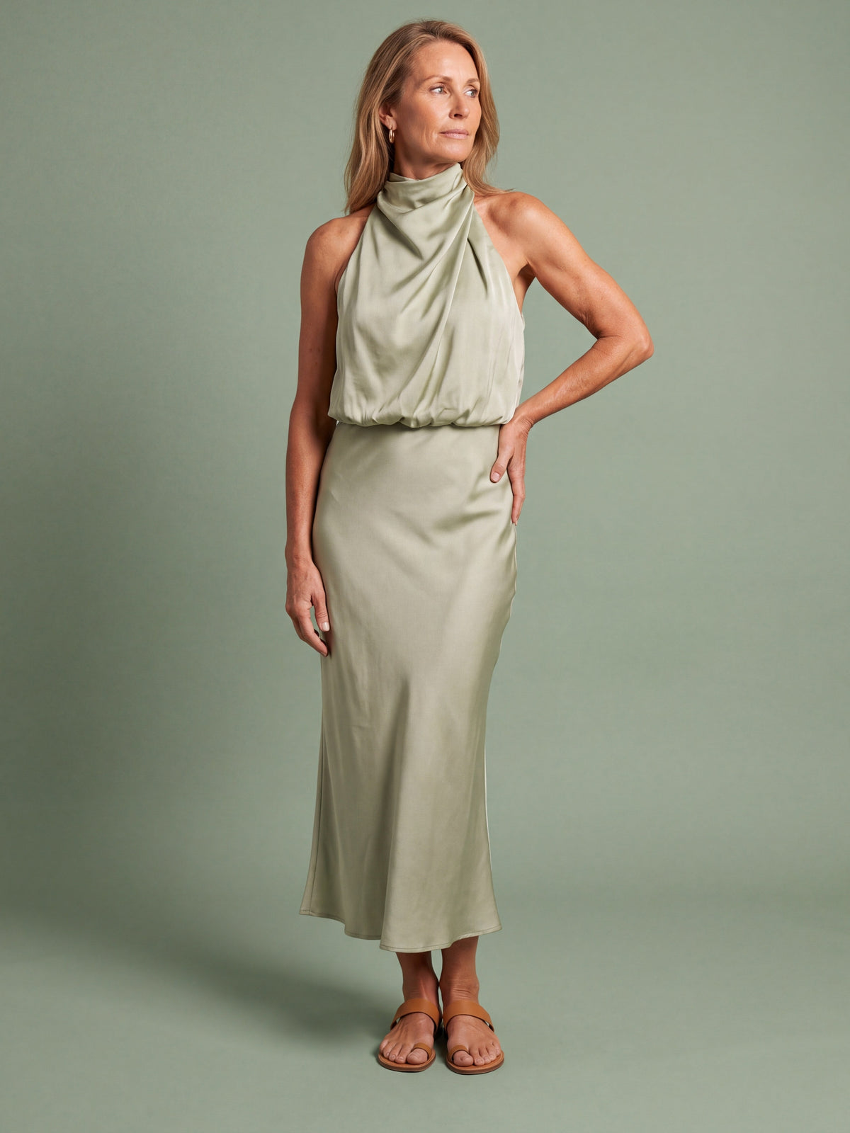 Melba Lane - green draped neck satin midi dress, full length studio view, AU women's sizes