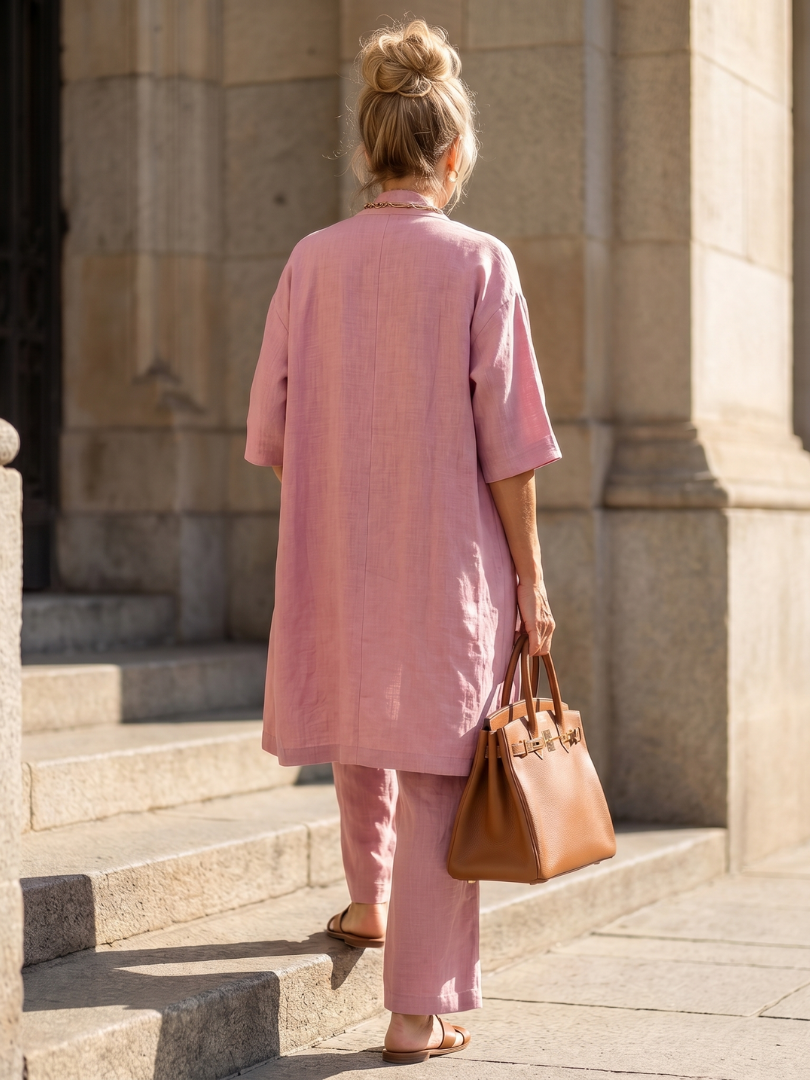 Melba Lane – Telluride pink three-piece duster pant set, full back view, AU women's sizes