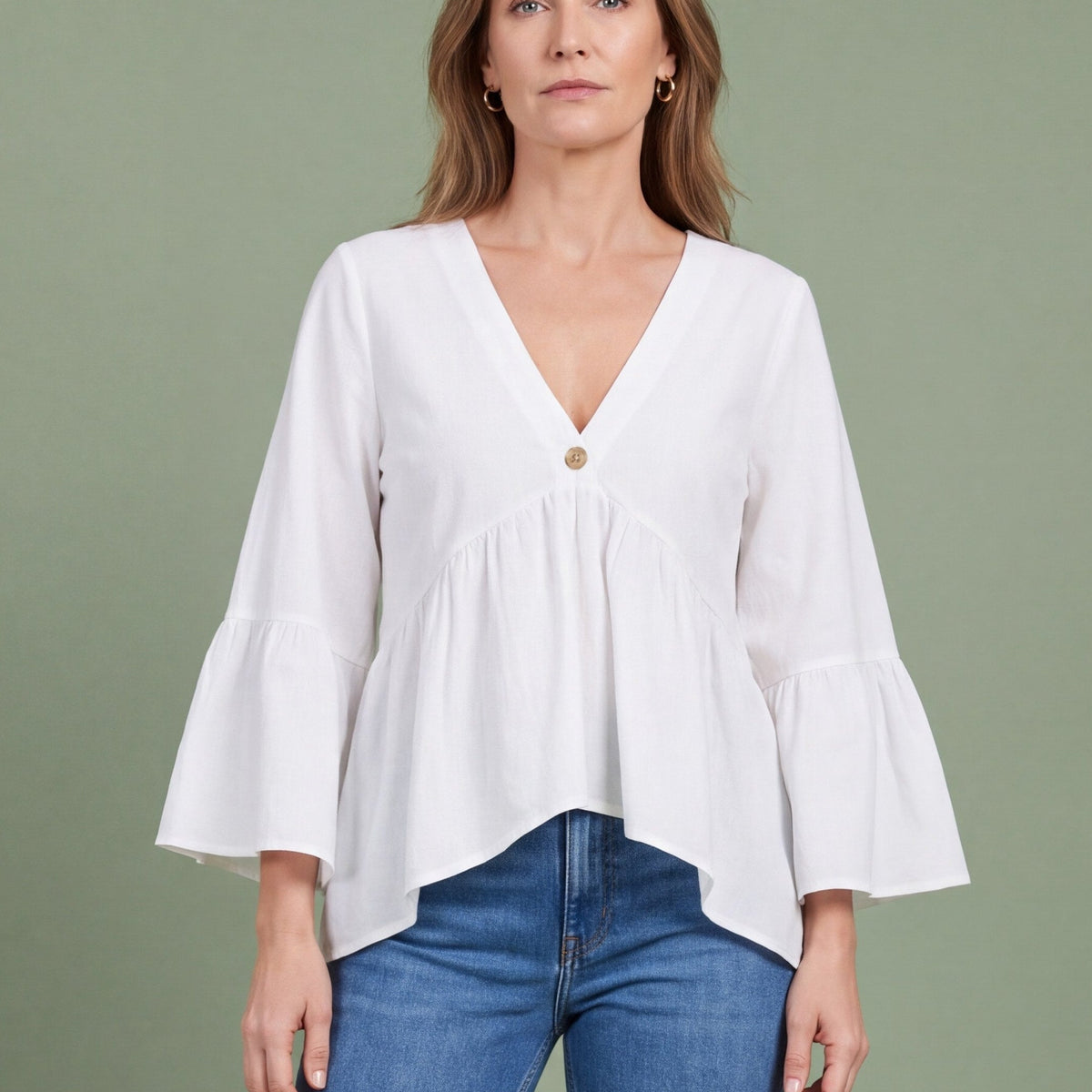 Melba Lane - white bell sleeve V neck blouse, full length studio view, AU women's sizes
