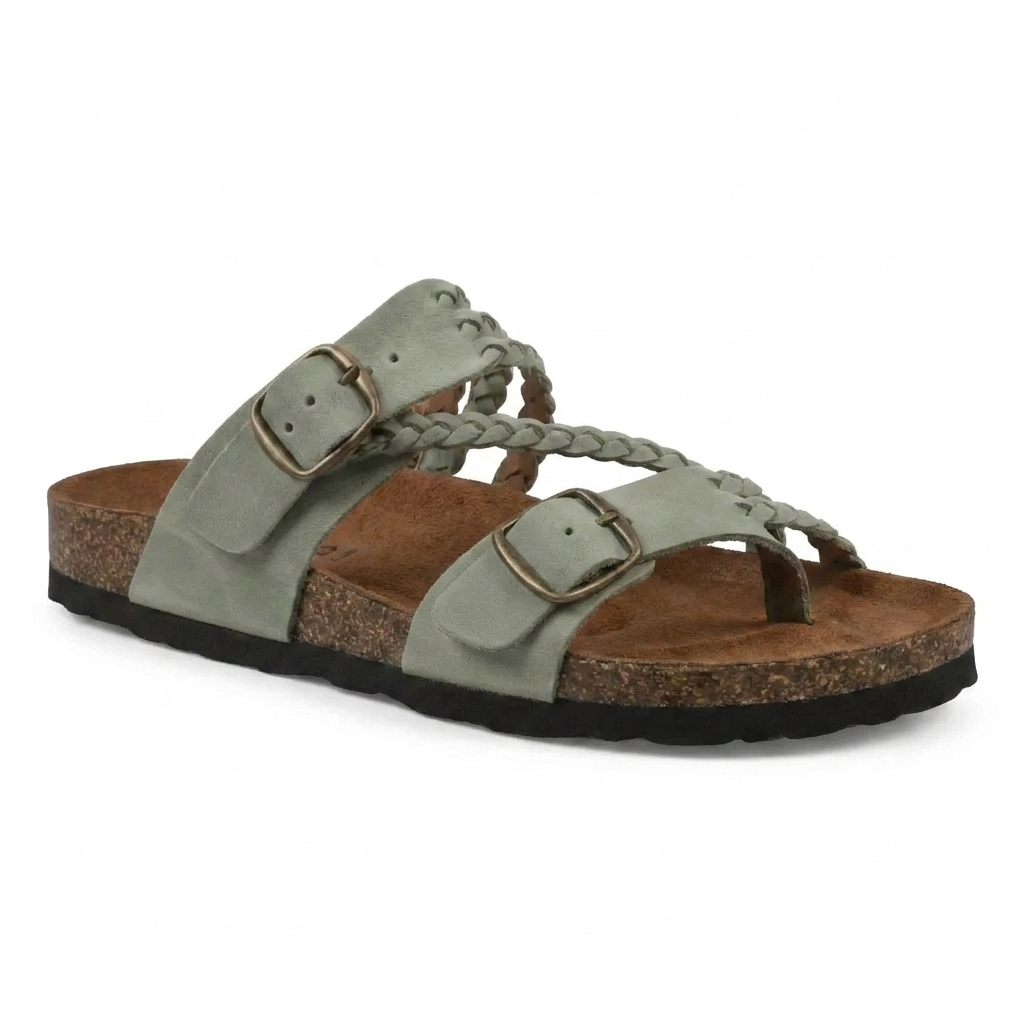 Melba Lane – beige braided cork sandals toe loop and footbed close-up, AU women's sizes