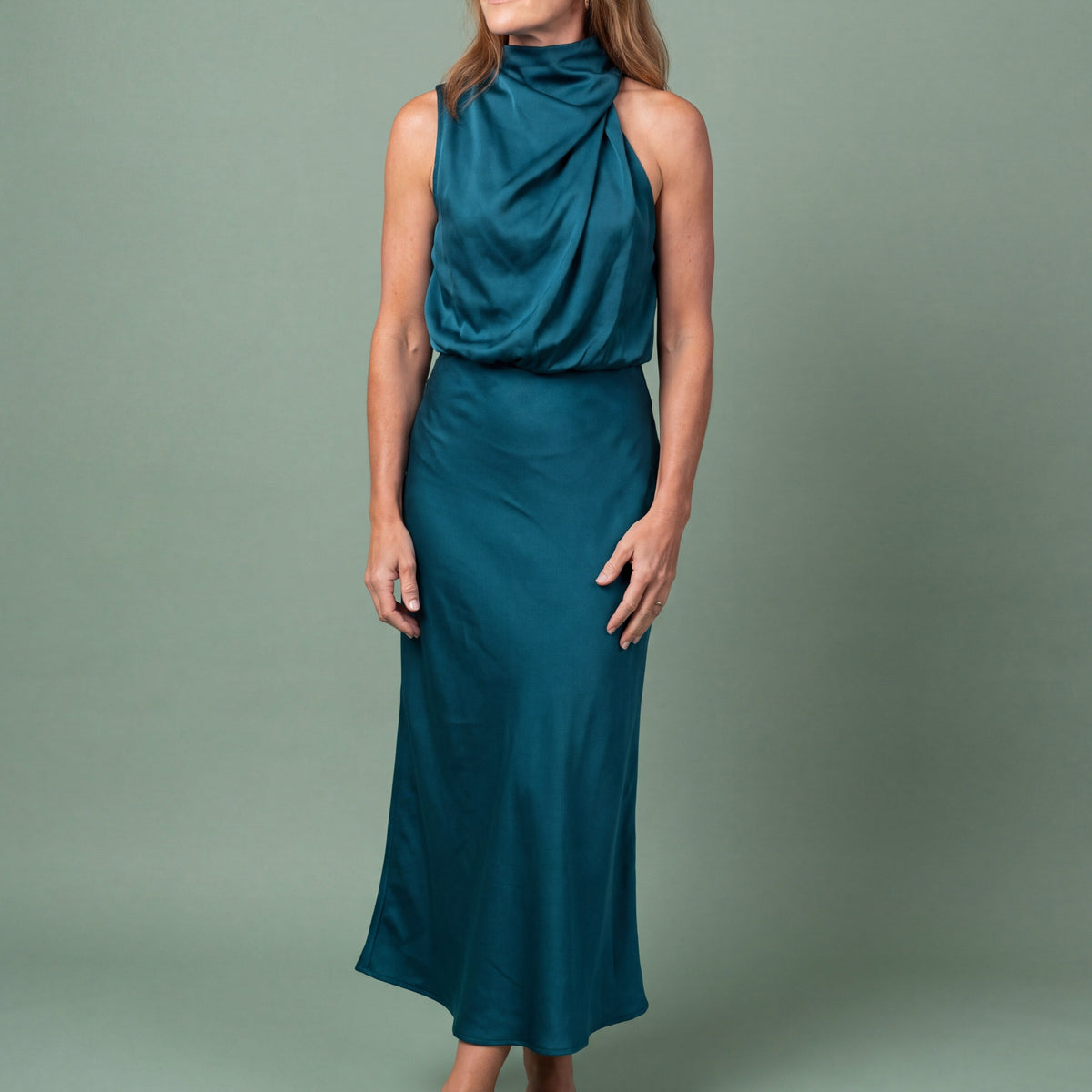 Melba Lane - blue draped neck satin midi dress, full length studio view, AU women's sizes