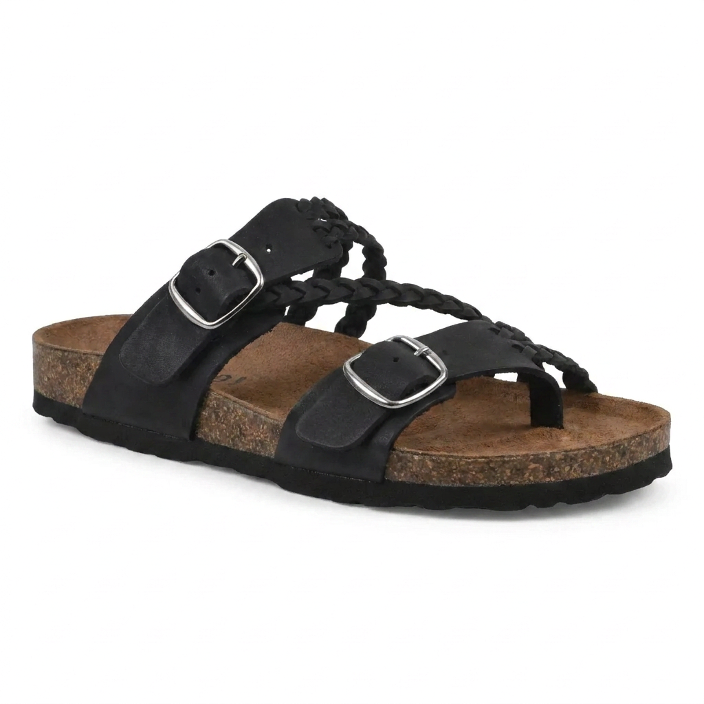 Melba Lane – sage green braided suede cork footbed sandals angled view, AU women's sizes