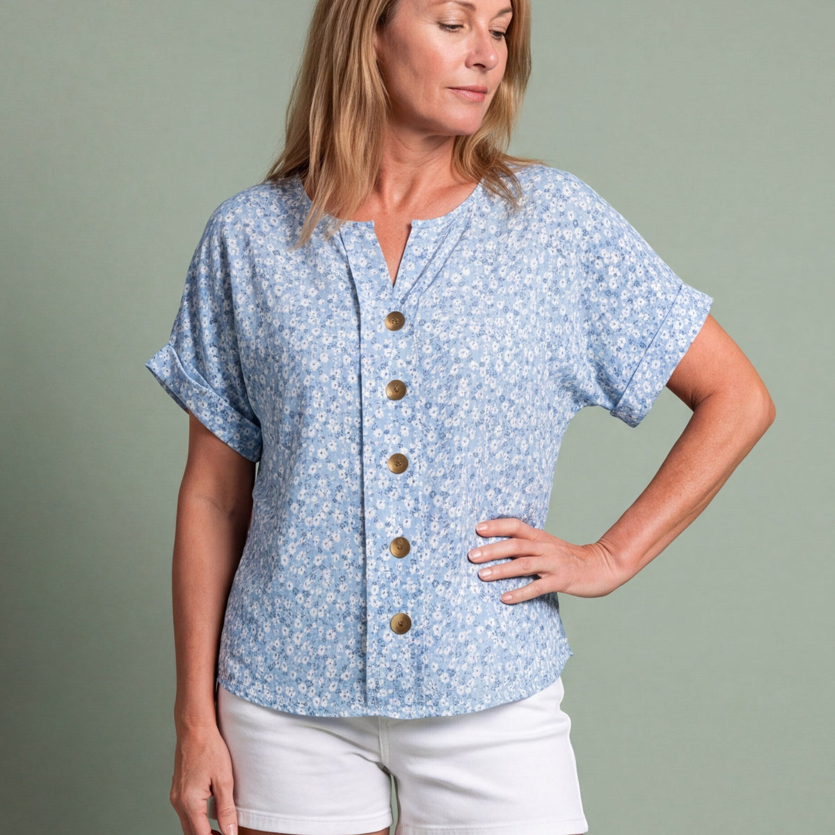 Melba Lane - blue relaxed button through blouse, full length studio view, AU women's sizes