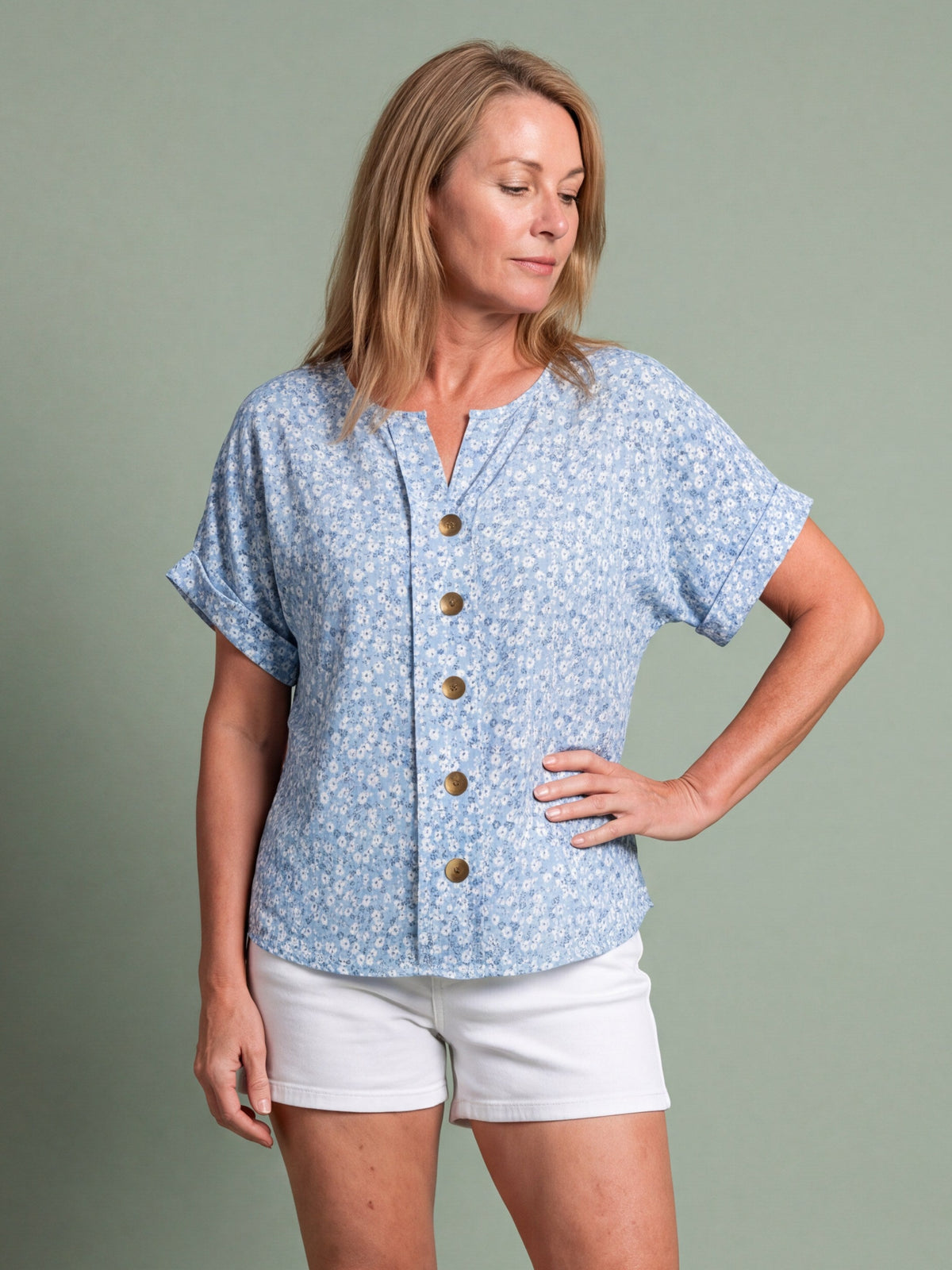 Melba Lane - blue relaxed button through blouse, full length studio view, AU women's sizes