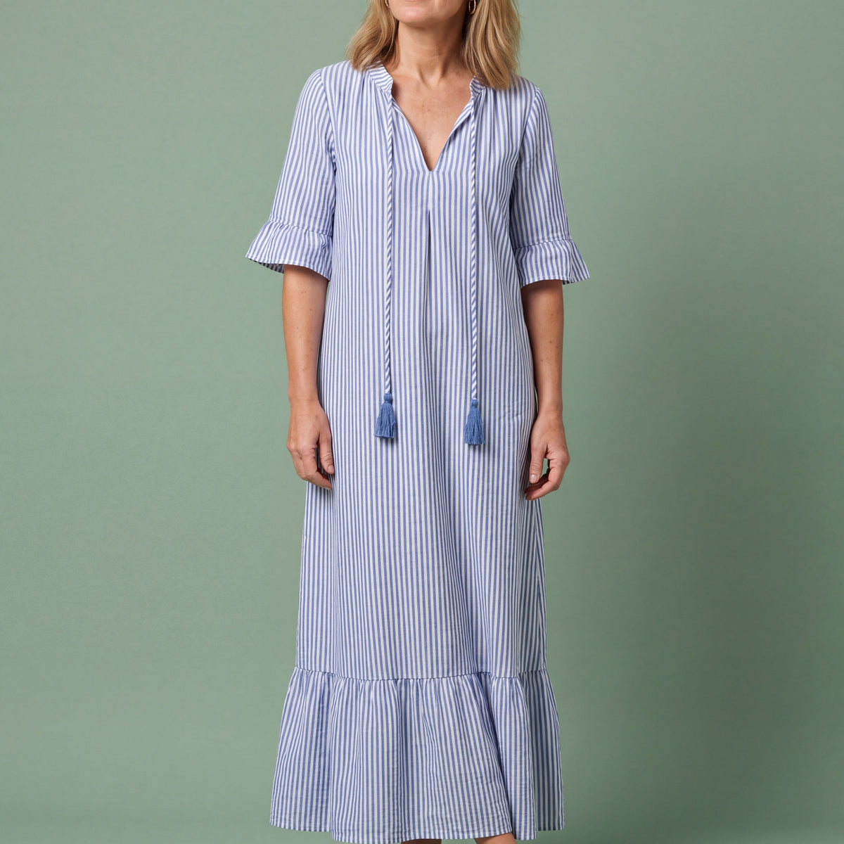 Melba Lane - blue and white tiered print maxi dress, full length view, AU women's sizes