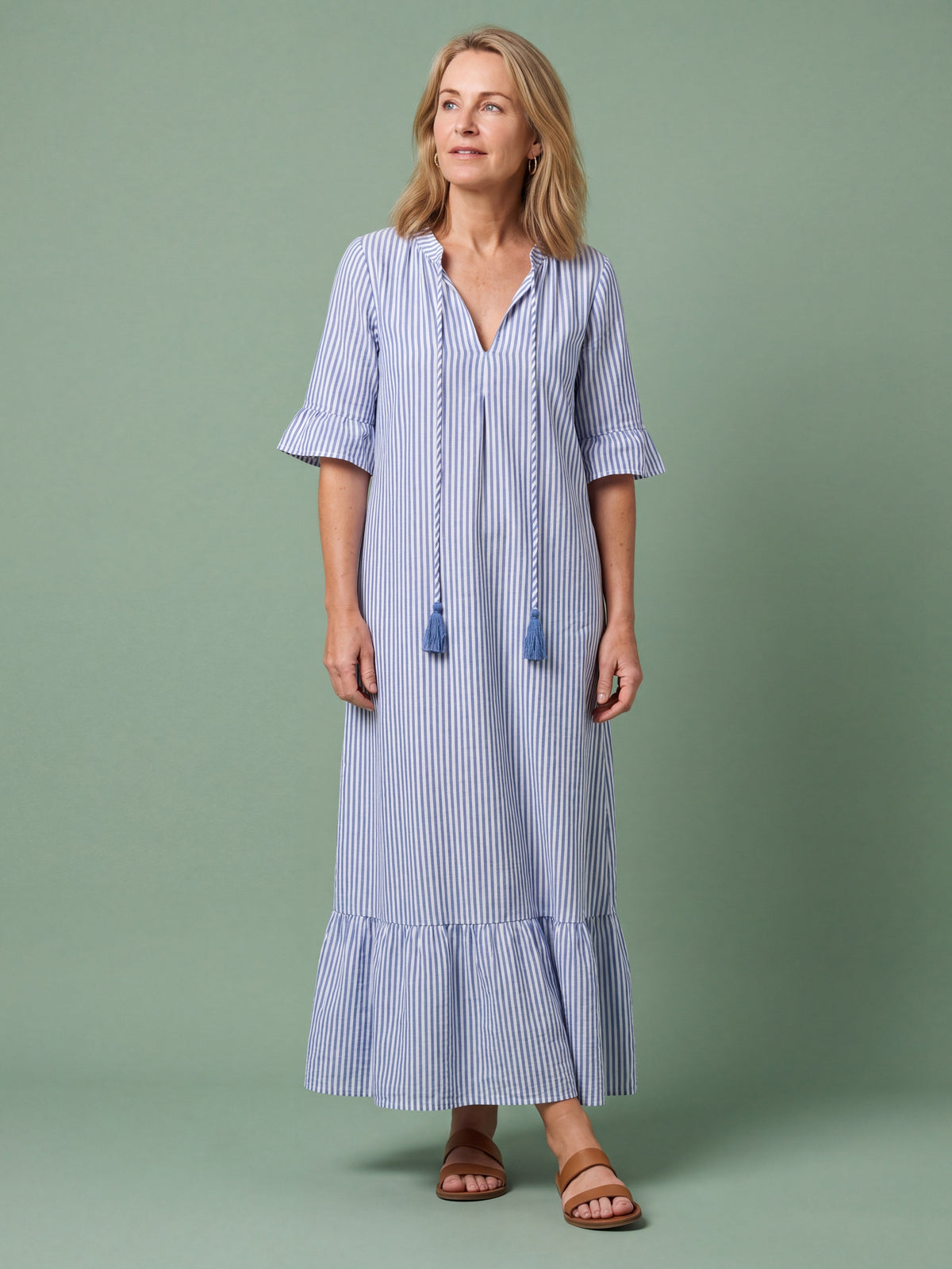 Melba Lane - blue and white tiered print maxi dress, full length view, AU women's sizes