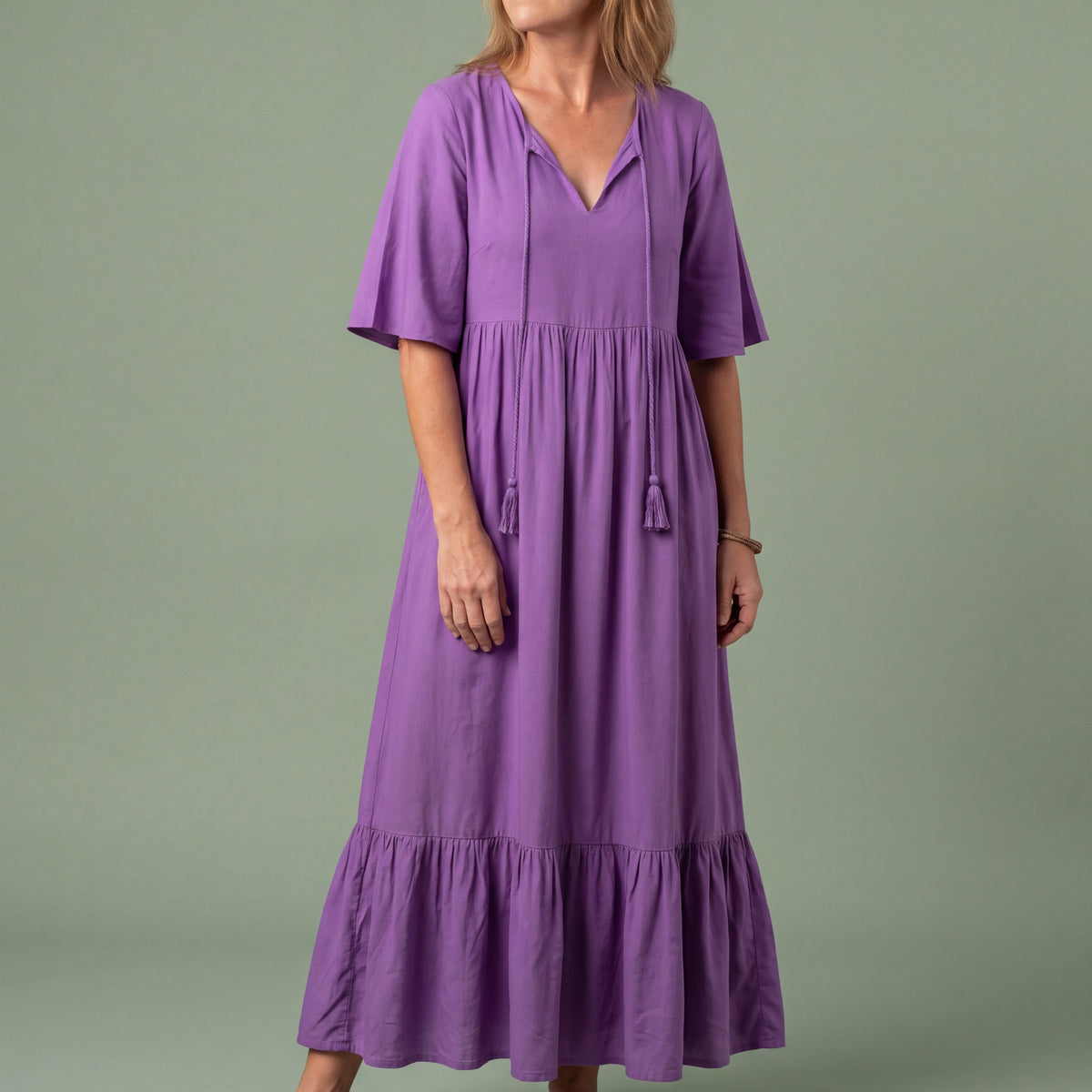 Melba Lane - lilac tiered print maxi dress with tassel tie, full length, AU women's sizes