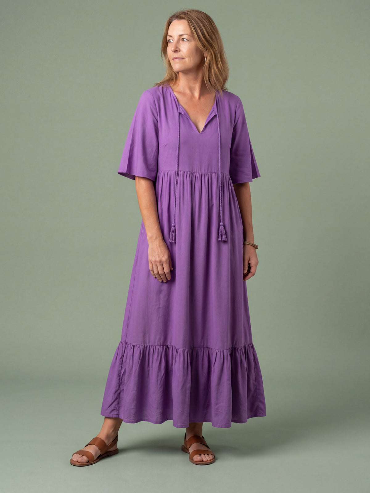 Melba Lane - lilac tiered print maxi dress with tassel tie, full length, AU women's sizes