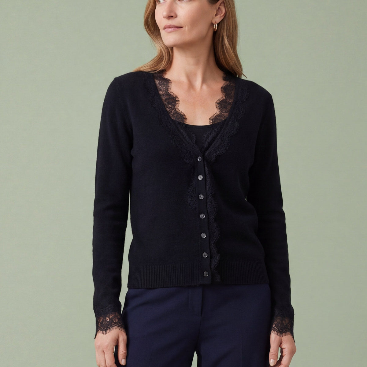 Melba Lane - black fine knit cardigan with lace panels, full length view, AU women's sizes