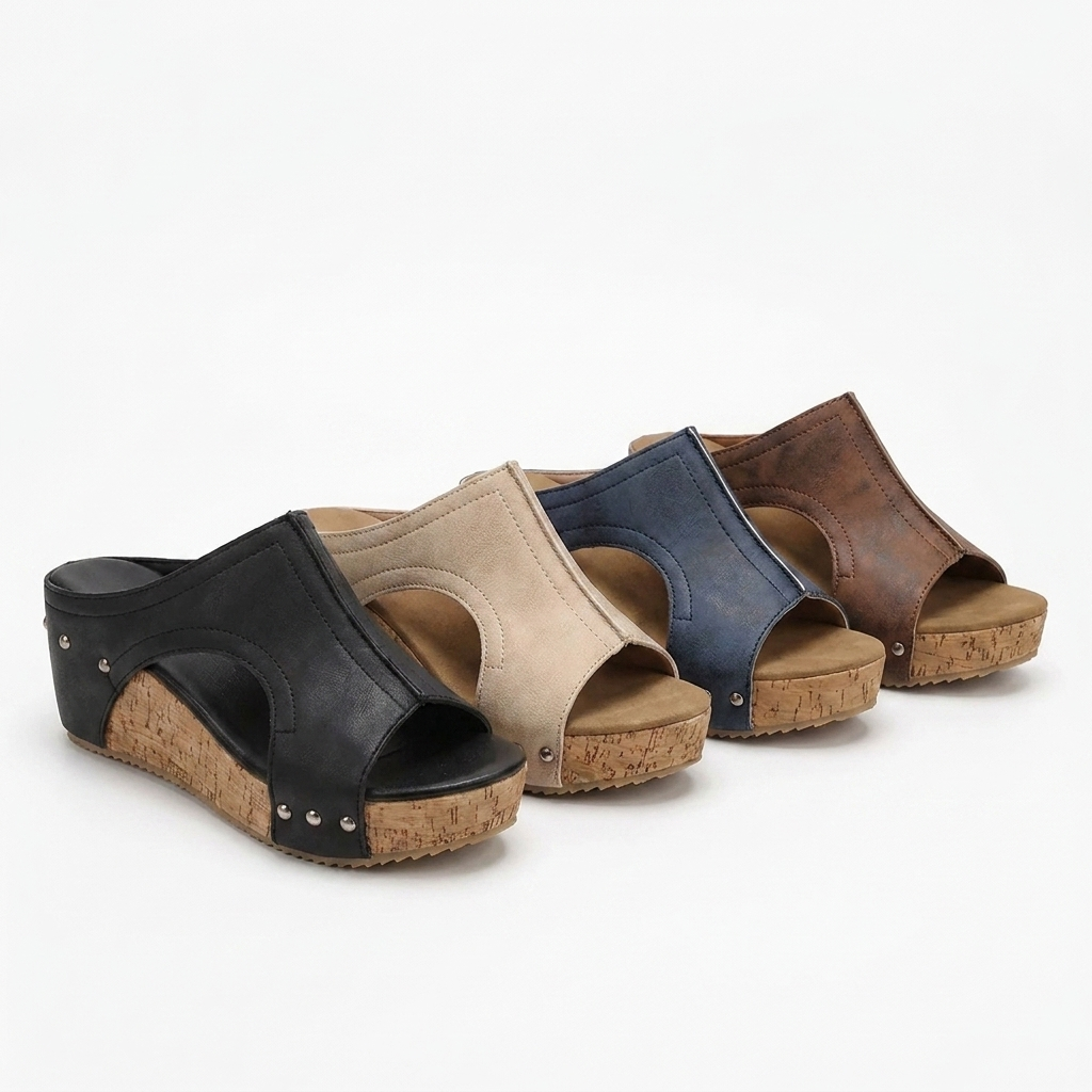 Melba Lane – cork wedge slide sandals in all four colourways lined up, AU women's sizes