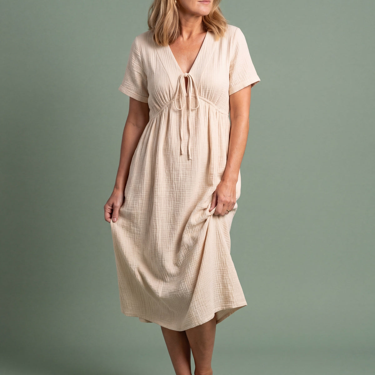 Melba Lane - beige tie front gauze midi dress, full length studio view, AU women's sizes