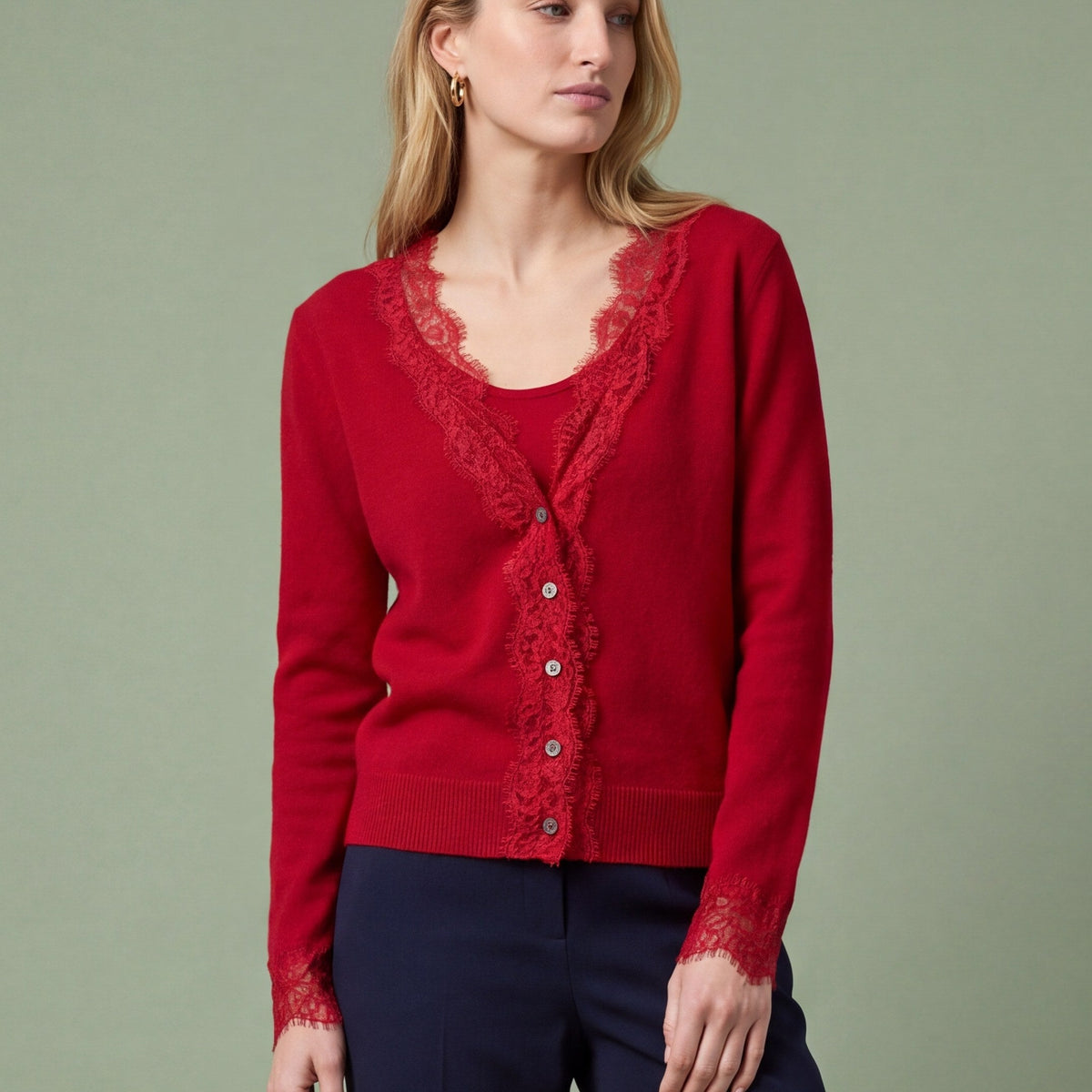 Melba Lane - red fine knit cardigan with lace panels, full length view, AU women's sizes