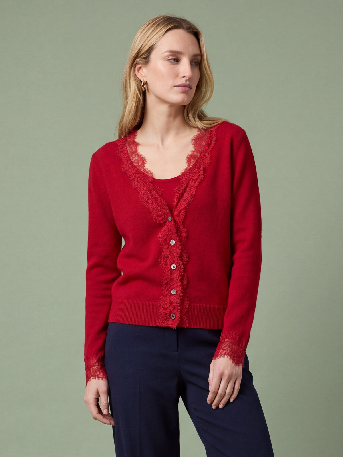 Melba Lane - red fine knit cardigan with lace panels, full length view, AU women's sizes