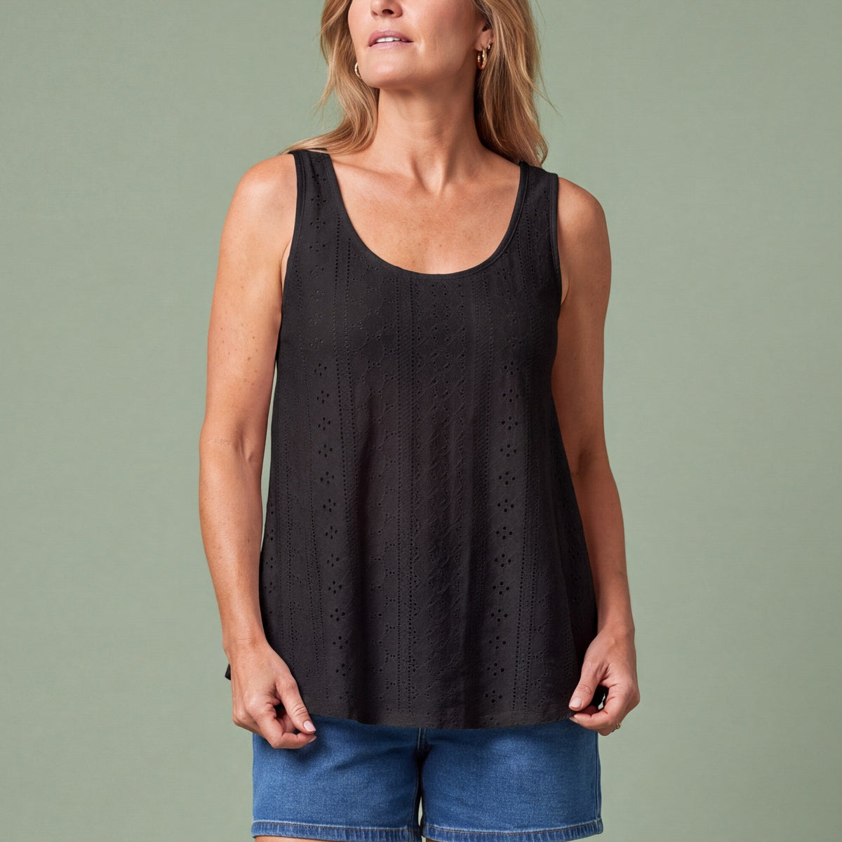 Melba Lane - black eyelet detail swing tank top, full length studio view, AU women's sizes