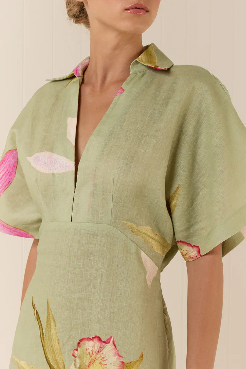 Melba Lane – linen floral collared maxi dress, side view, AU women's sizes