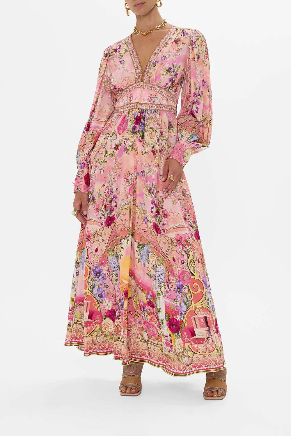 Melba Lane – floral chiffon puff sleeve maxi dress, styled view, AU women's sizes