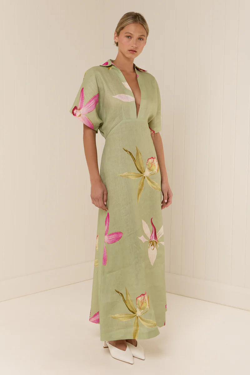 Melba Lane – linen floral collared maxi dress, back view, AU women's sizes