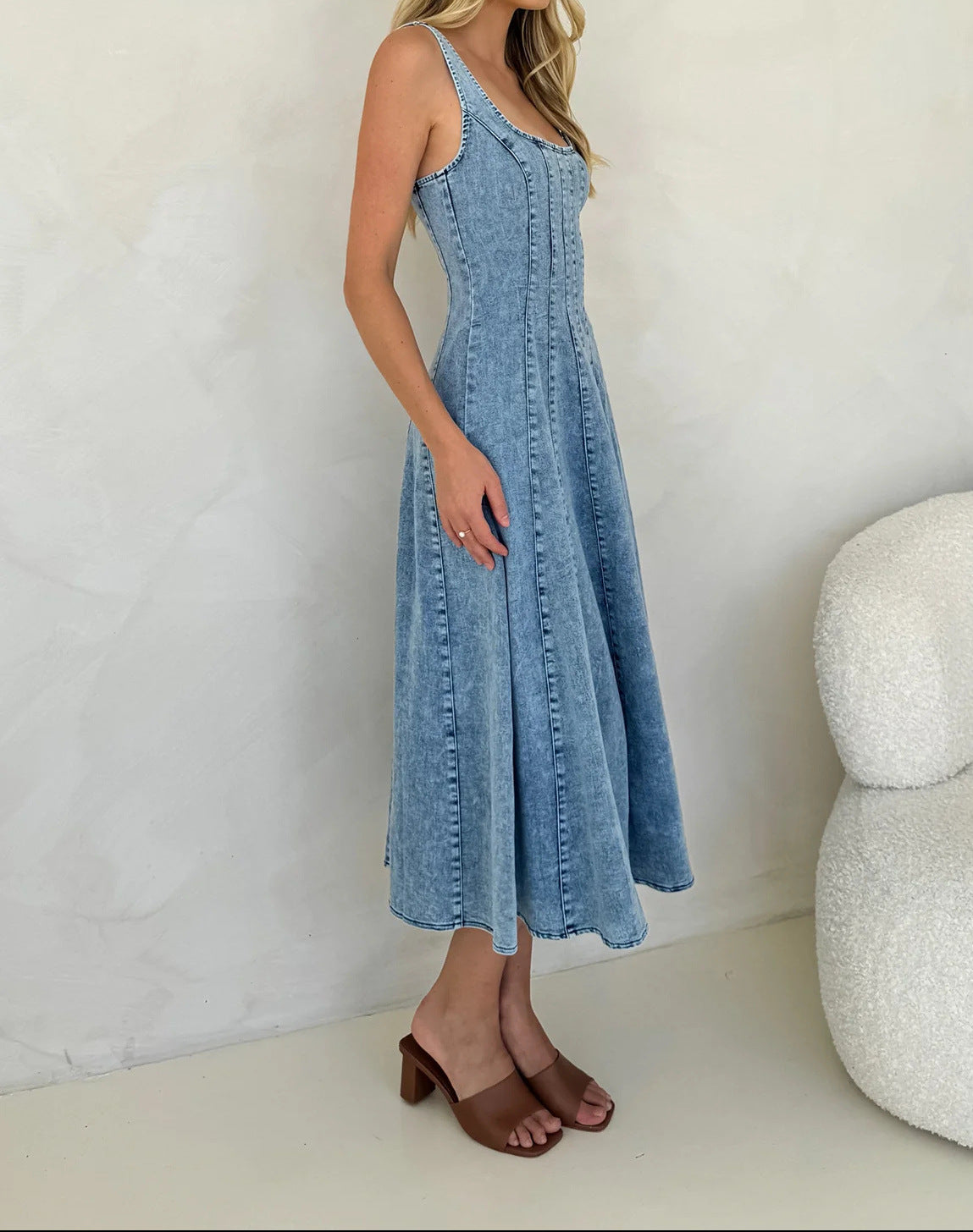 Melba Lane – blue square neck denim maxi dress, side view, AU women's sizes