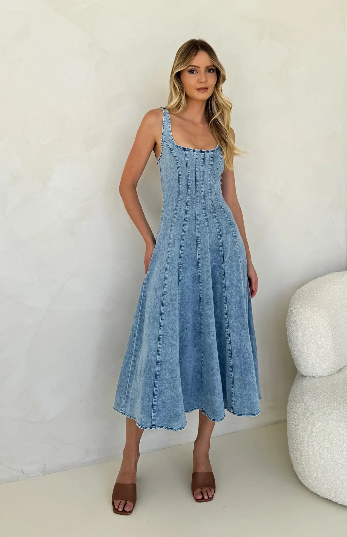 Melba Lane – blue square neck denim maxi dress, detail view, AU women's sizes