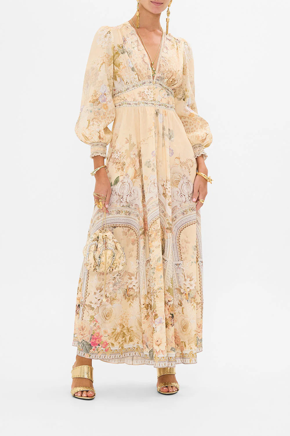 Melba Lane – floral chiffon puff sleeve maxi dress, front view, AU women's sizes
