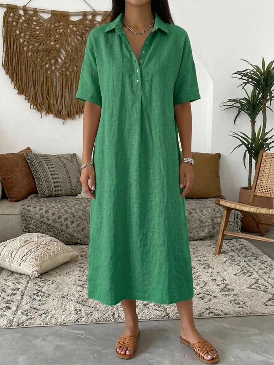 Melba Lane – Nerano grass green collared linen shirt midi dress, full-length front view in a boho living room, AU women's sizes
