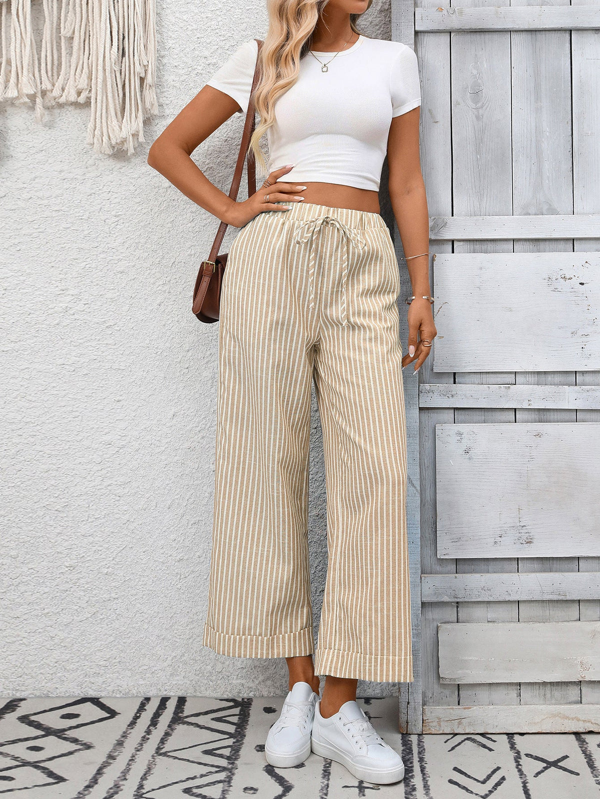 Melba Lane – Devizes sand beige striped cropped wide-leg pants, styled with a white tee and brown shoulder bag, AU women's sizes