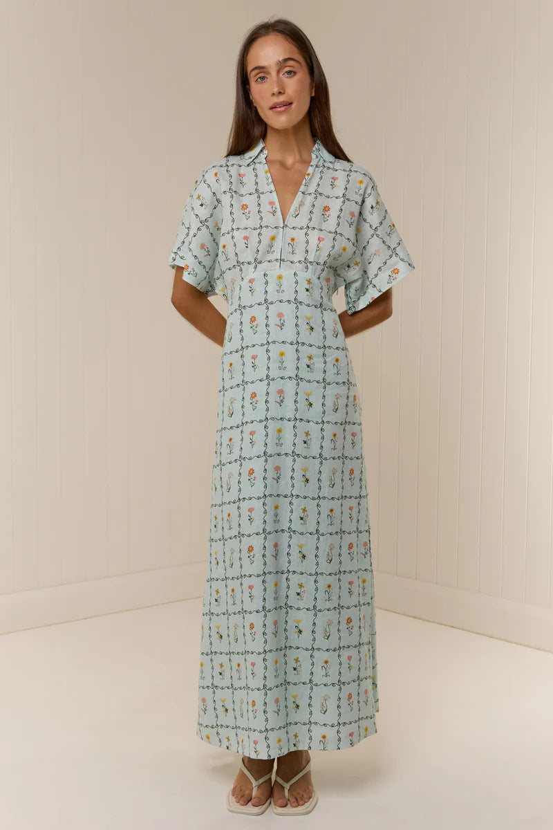Melba Lane – linen floral collared maxi dress, angled view, AU women's sizes
