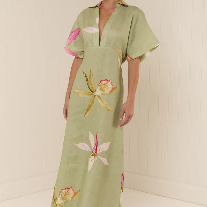 Melba Lane – linen floral collared maxi dress, front view, AU women's sizes