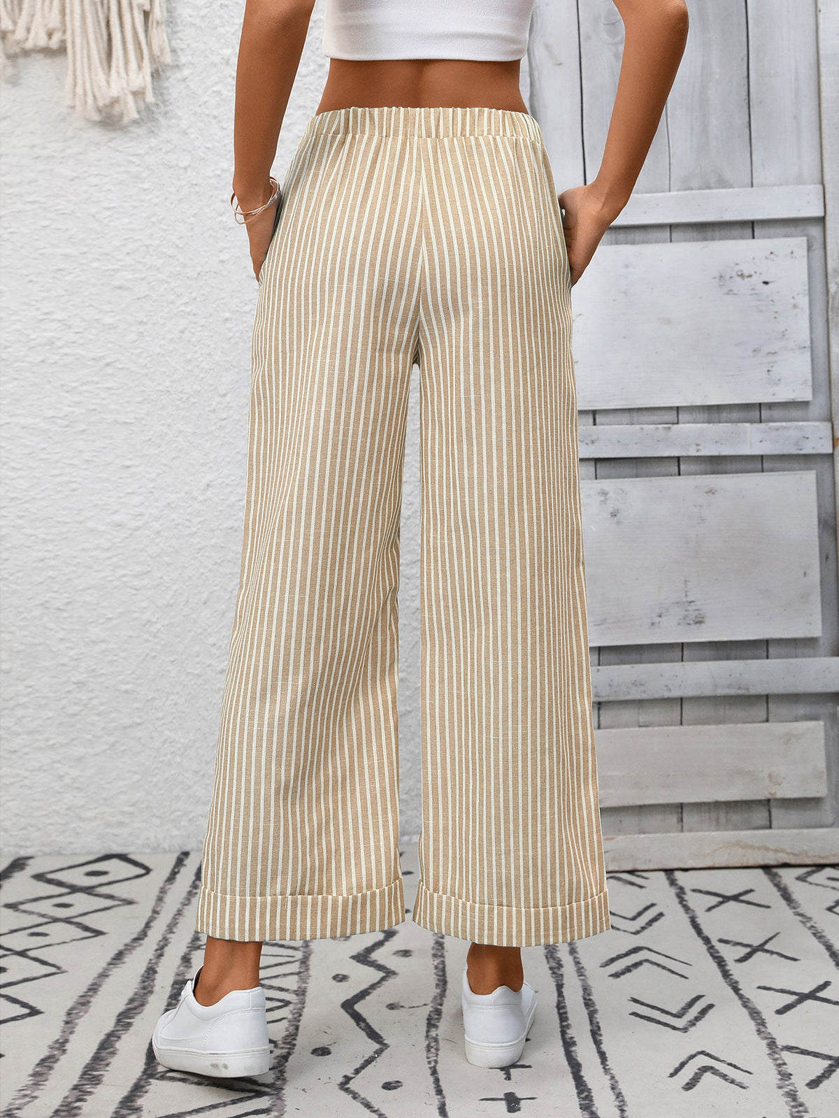 Melba Lane – Devizes sand beige striped cropped wide-leg pants, back view with hands in the pockets, AU women's sizes